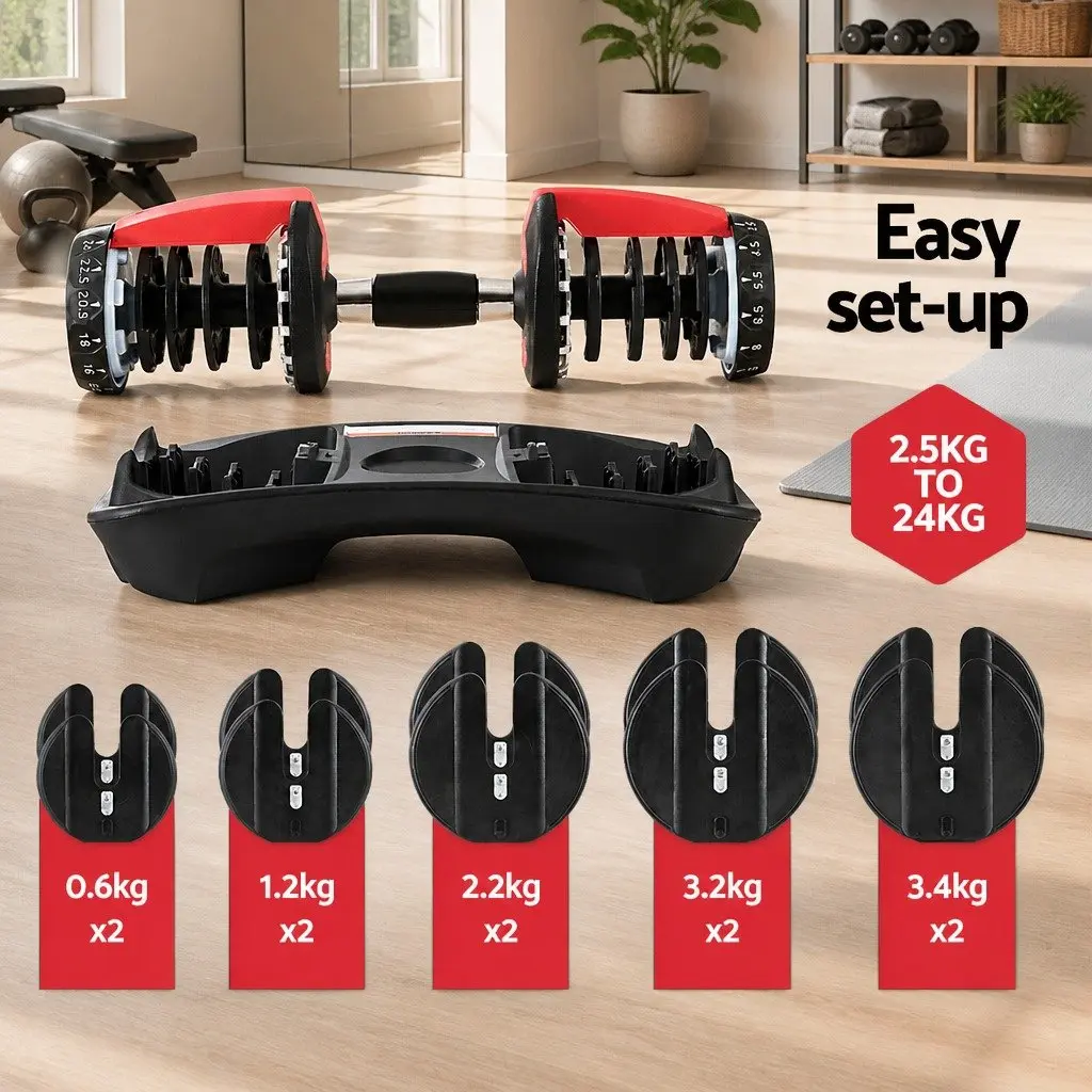 Adjustable Dumbbell Set Weight Plates Home Gym Exercise 24kg Black