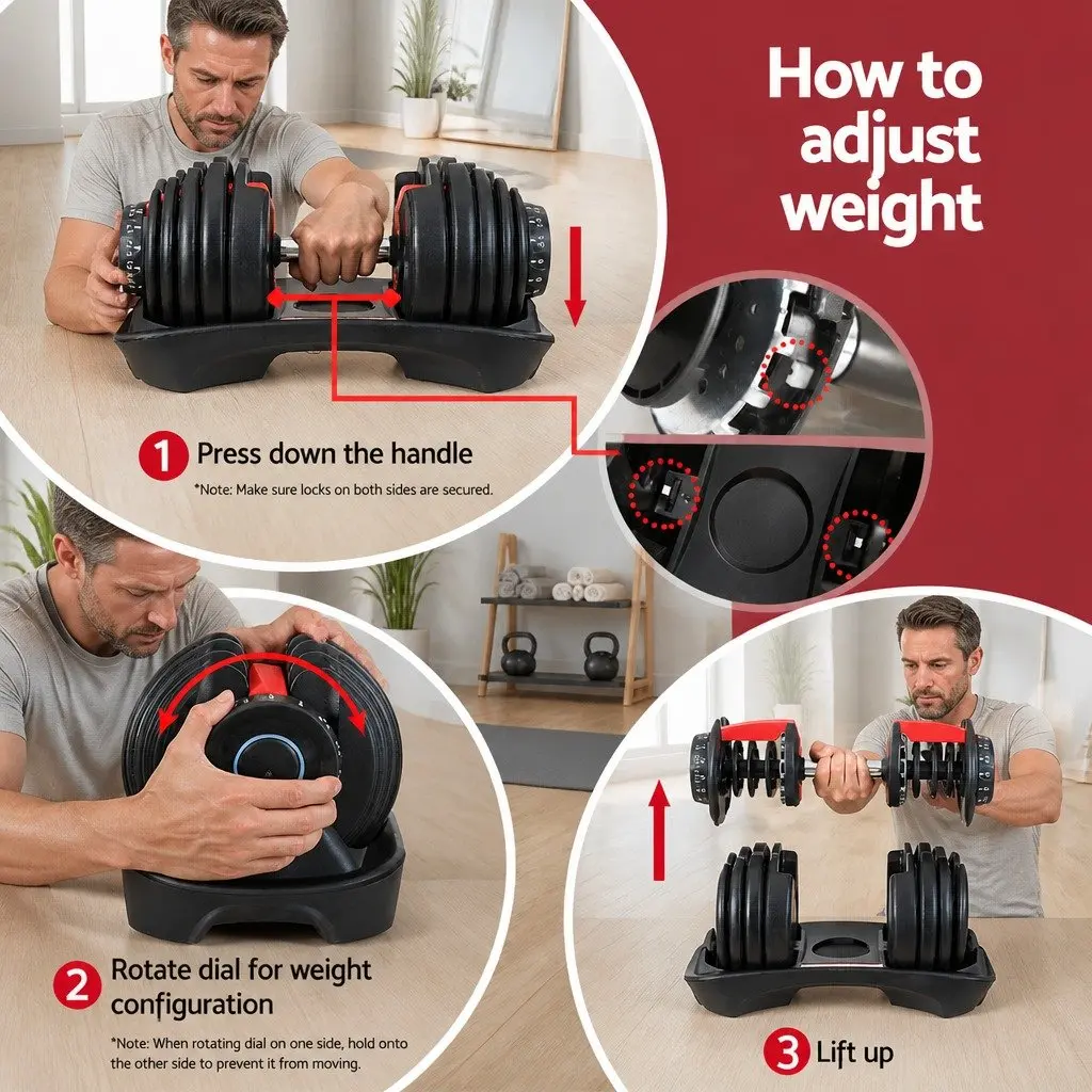 Adjustable Dumbbell Set Weight Plates Home Gym Exercise 24kg Black