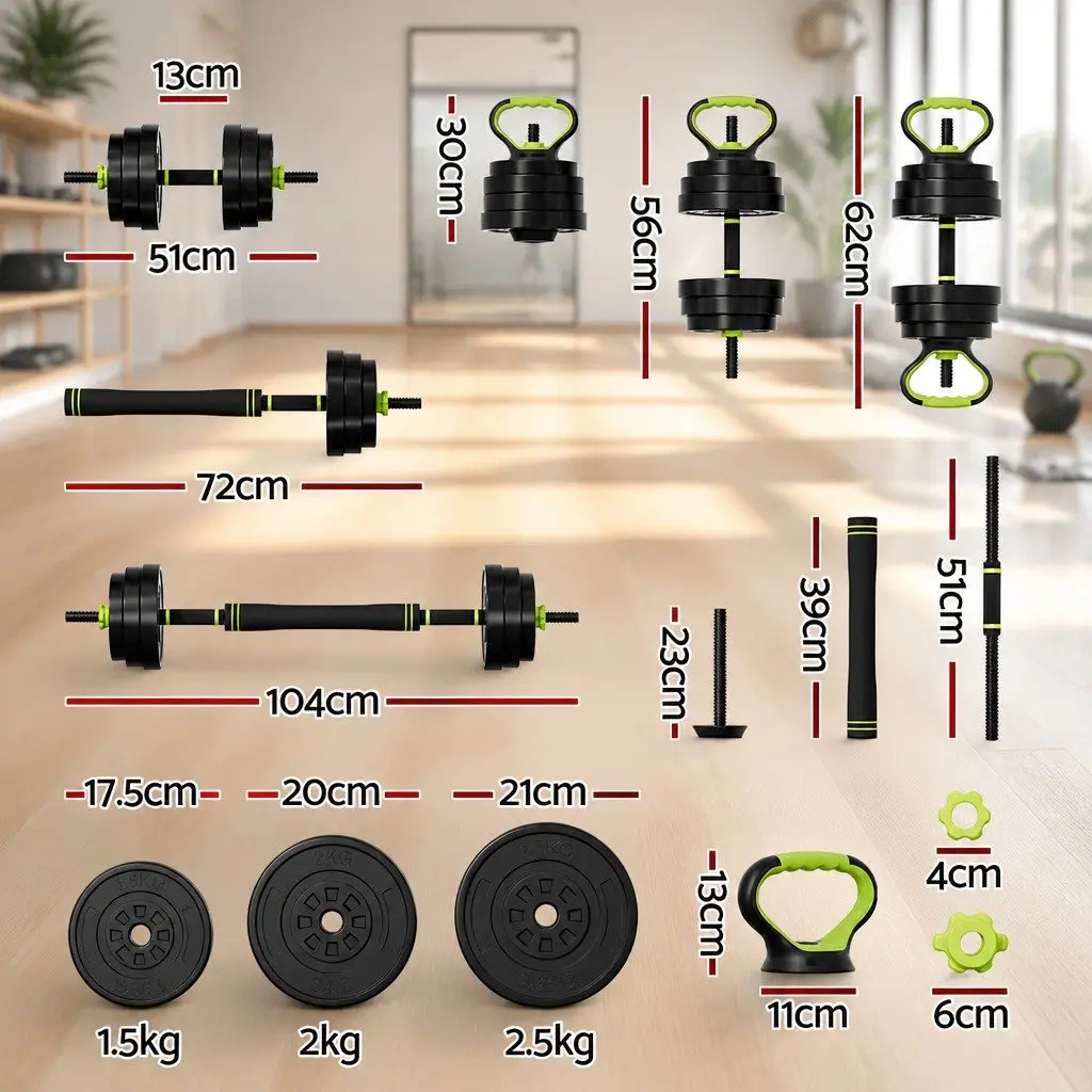 Adjustable Dumbbell Barbell Kettlebell Weight Plates Set 25kg Black Green