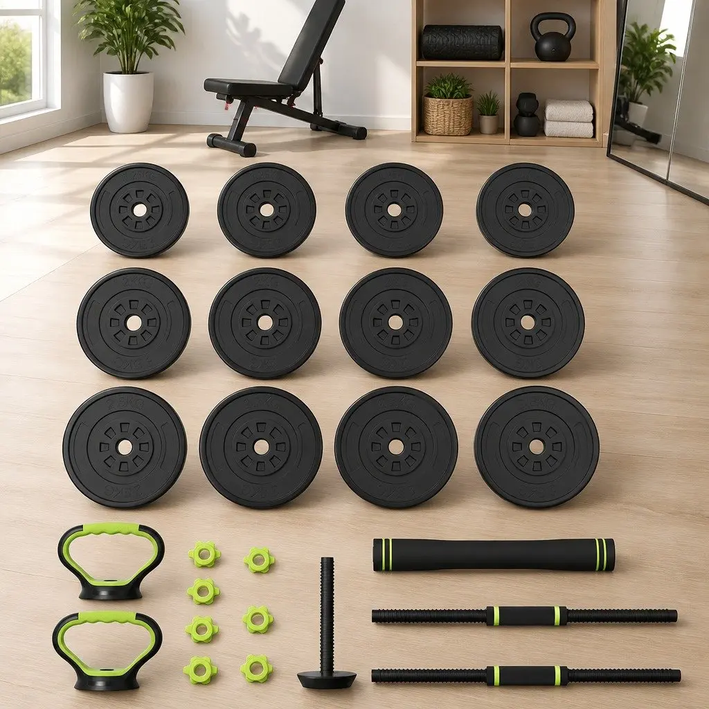Adjustable Dumbbell Barbell Kettlebell Weight Plates Set 25kg Black Green