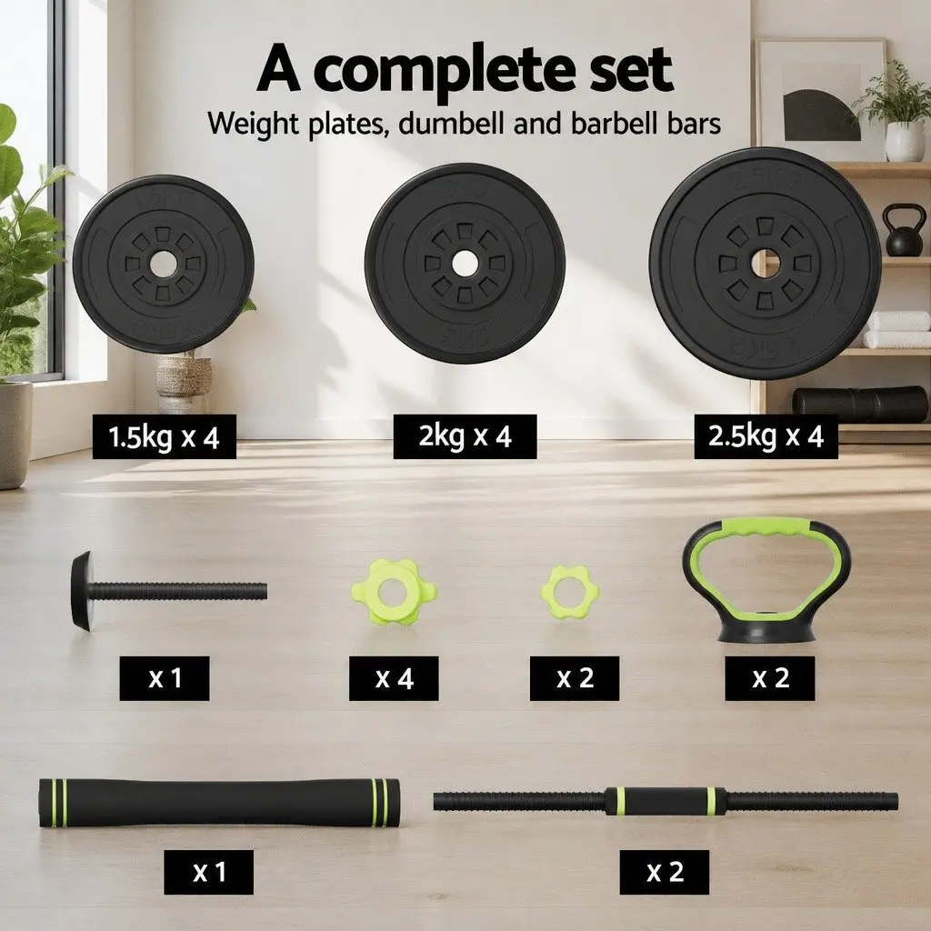 Adjustable Dumbbell Barbell Kettlebell Weight Plates Set 25kg Black Green