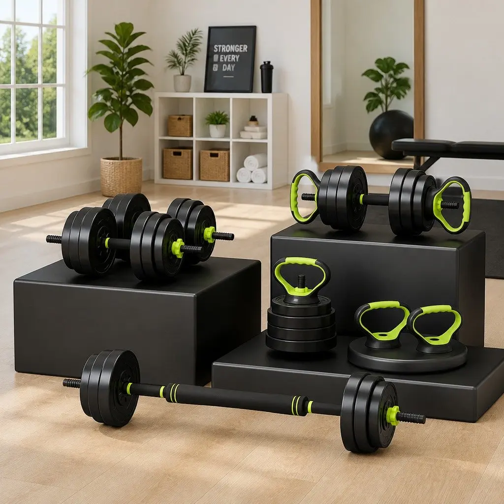 Adjustable Dumbbell Barbell Kettlebell Weight Plates Set 25kg Black Green