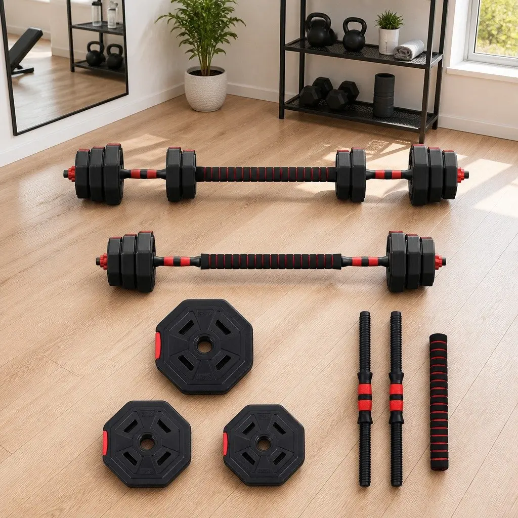 Adjustable Dumbbell Barbell Set 20kg Home Gym Workout Black Red