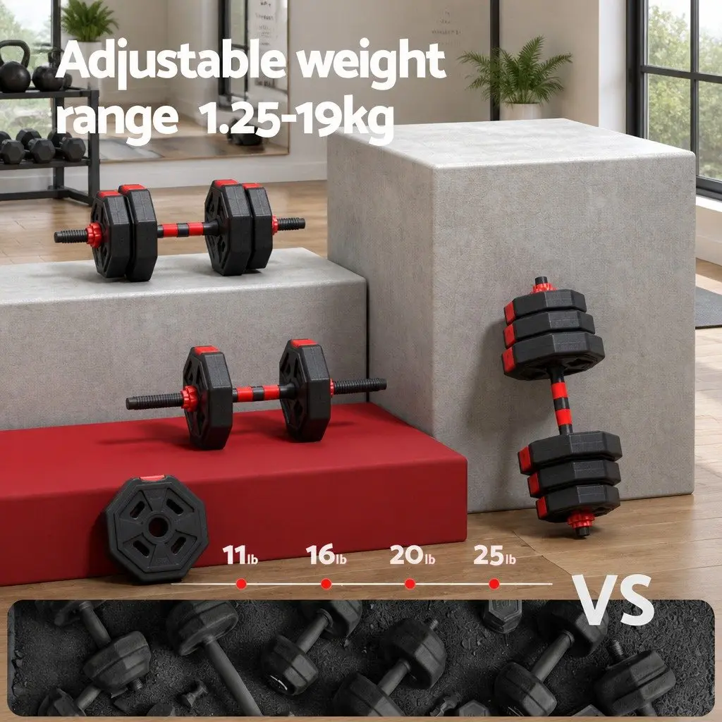 Adjustable Dumbbell Barbell Set 20kg Home Gym Workout Black Red