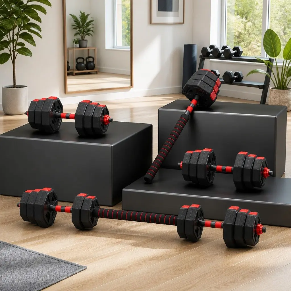 Adjustable Dumbbell Barbell Set 20kg Home Gym Workout Black Red
