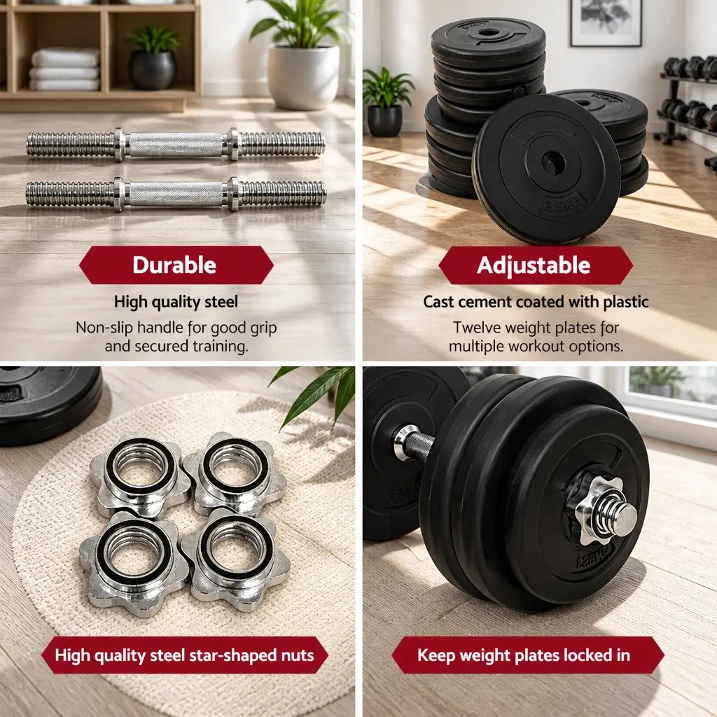 Dumbbell Set 30kg Weight Plates Adjustable Home Gym Fitness Training Equipment