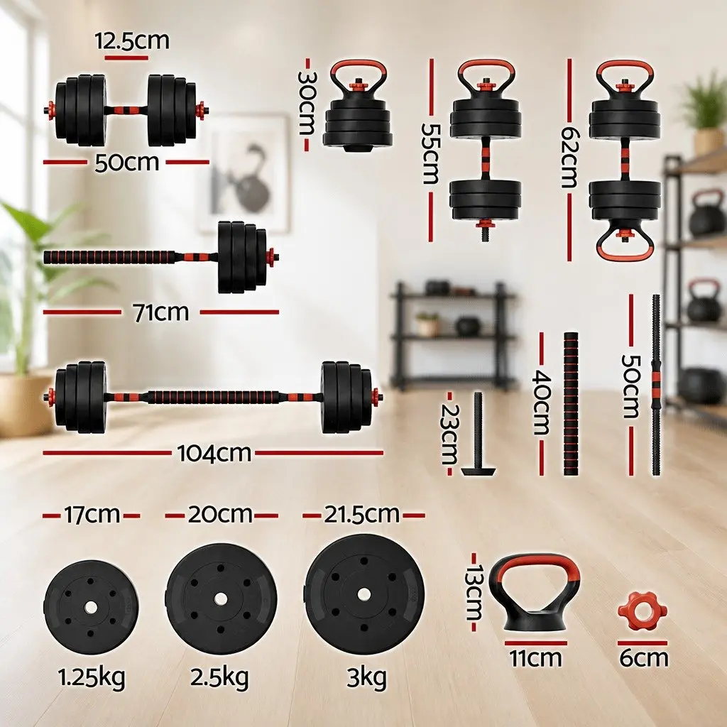 Adjustable Weight Set 7 in 1 Dumbbell Barbell Kettlebell Home Gym Equipment 40kg Black Red