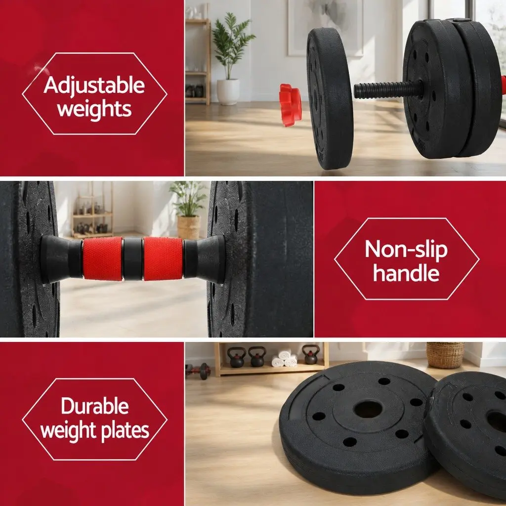 Adjustable Weight Set 7 in 1 Dumbbell Barbell Kettlebell Home Gym Equipment 40kg Black Red