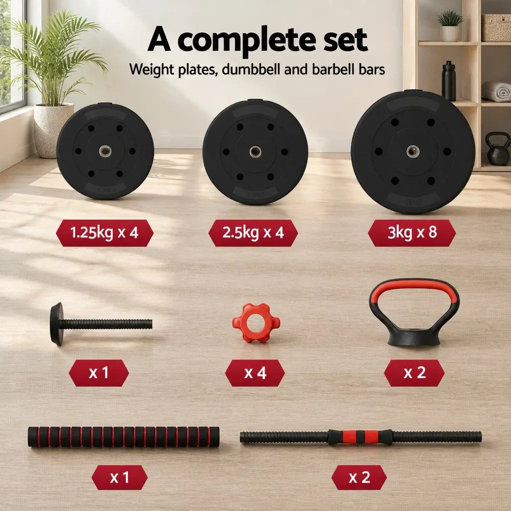 Adjustable Weight Set 7 in 1 Dumbbell Barbell Kettlebell Home Gym Equipment 40kg Black Red