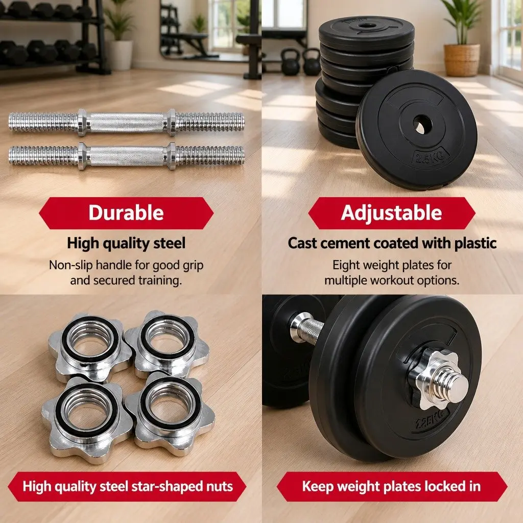 20kg Dumbbell Set Adjustable Dumbbells Home Gym Strength Training Black and Silver