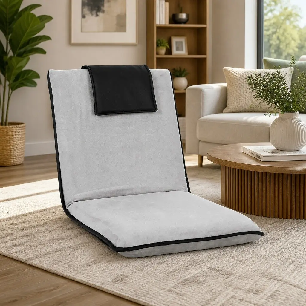 Lounge Recliner Chair Sofa Bed Folding Adjustable Backrest Removable Headrest Grey Black