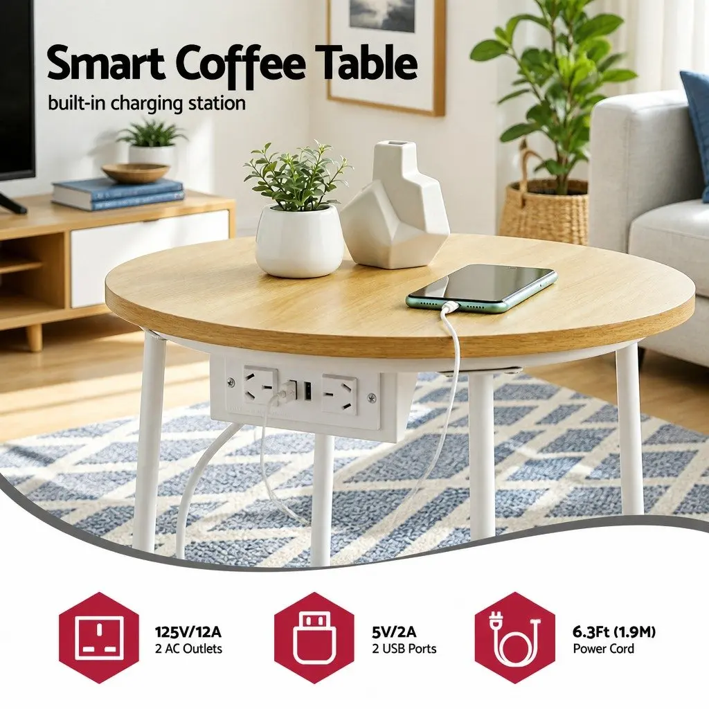 Floor Lounge Chair with Round Coffee Table Charging Station 45cm White