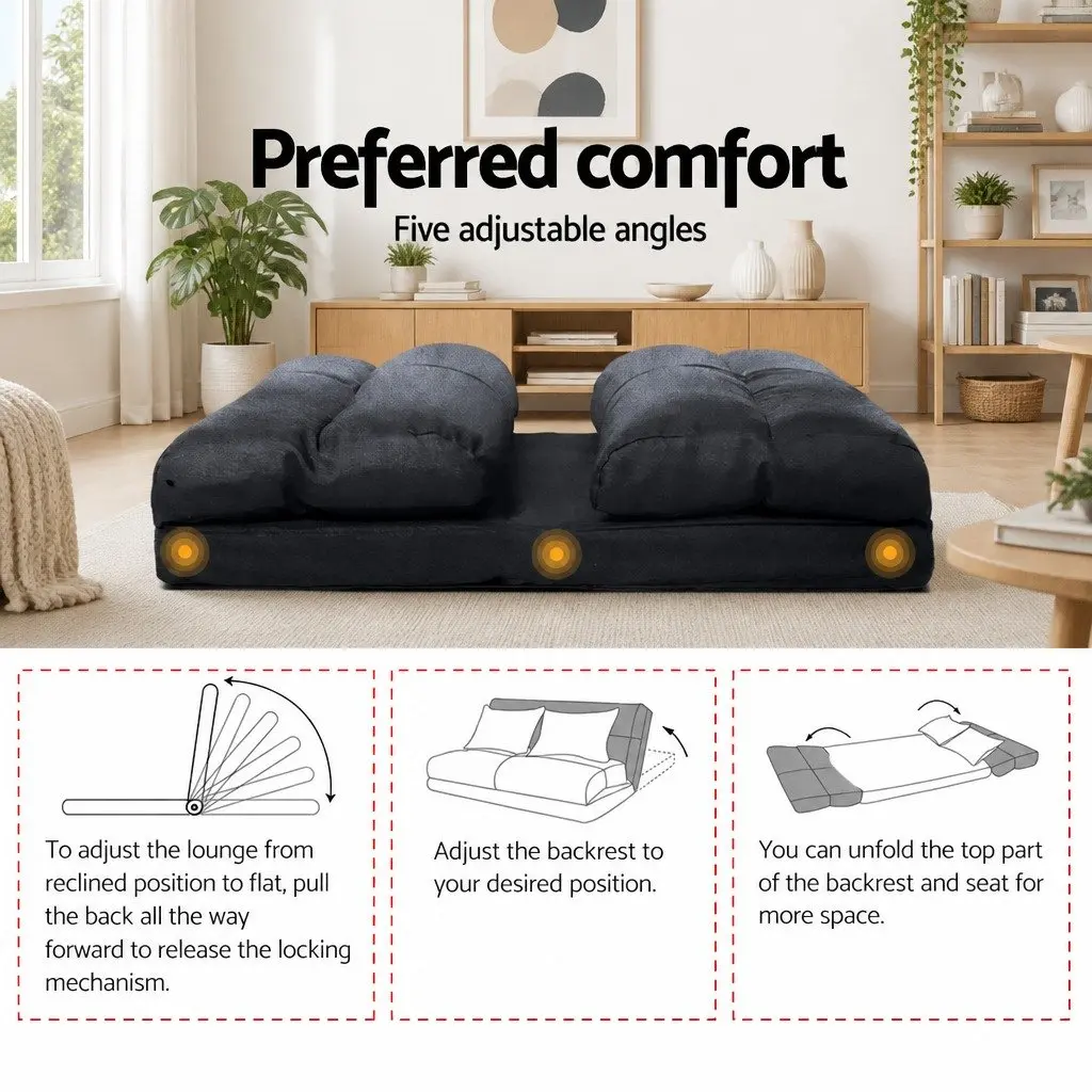 Floor Lounge Sofa Bed 5 Positions with 2 Tier Coffee Table Living Room Furniture Set Charcoal Gold White