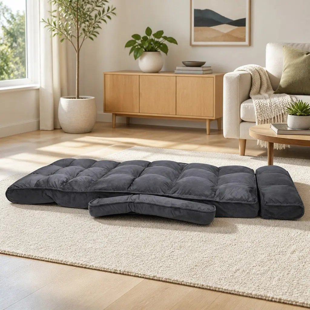 Lounge Sofa Bed Adjustable Flocking Fabric Charcoal Floor Chair