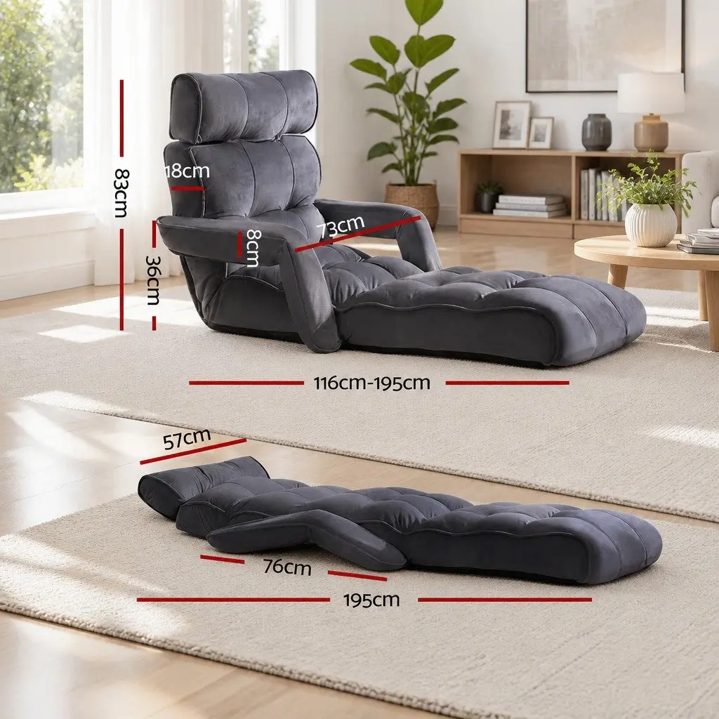 Lounge Sofa Bed Adjustable Flocking Fabric Charcoal Floor Chair