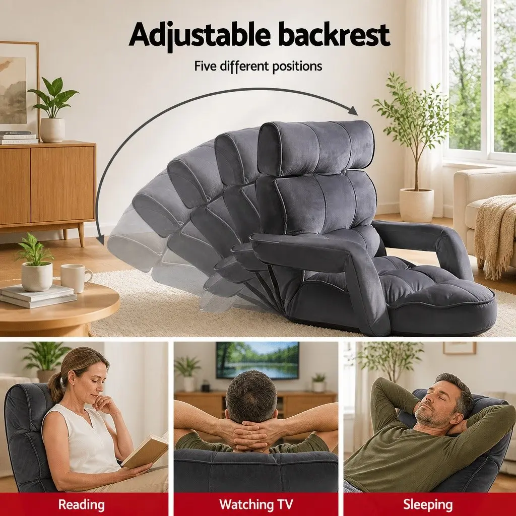 Lounge Sofa Bed Adjustable Flocking Fabric Charcoal Floor Chair