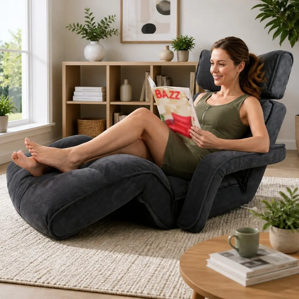 Lounge Sofa Bed Adjustable Flocking Fabric Charcoal Floor Chair