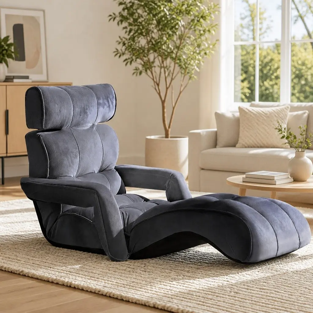 Lounge Sofa Bed Adjustable Flocking Fabric Charcoal Floor Chair