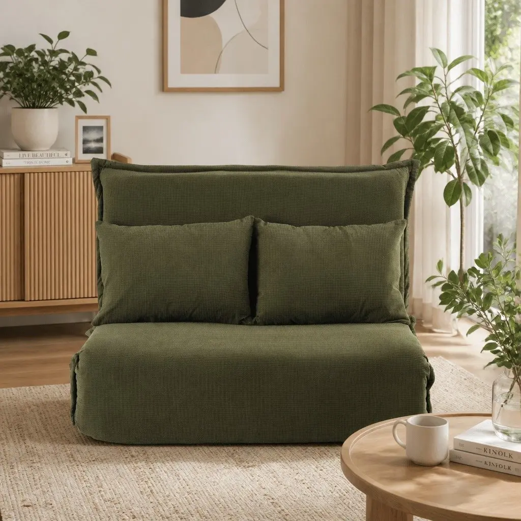 Floor Lounge Sofa Bed 2 Seater Foldable Adjustable Recliner Chair Green Corduroy