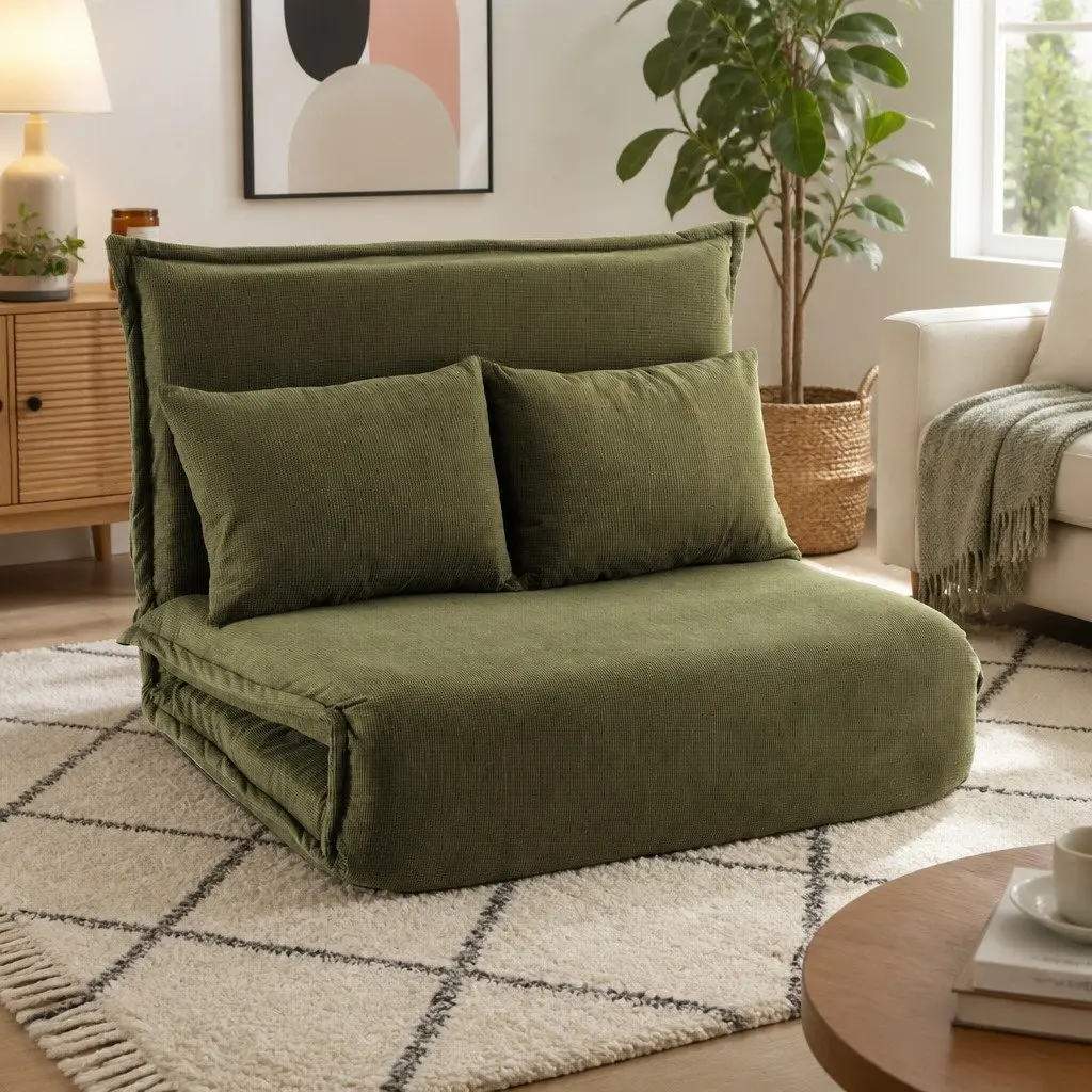 Floor Lounge Sofa Bed 2 Seater Foldable Adjustable Recliner Chair Green Corduroy