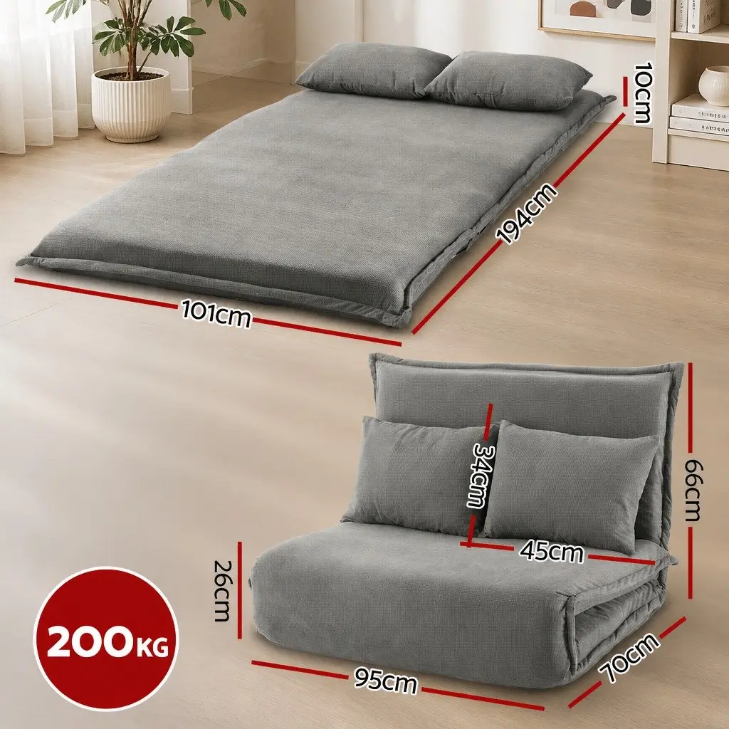 Floor Lounge Sofa Bed Adjustable 2-Seater Foldable Grey Arm Chair