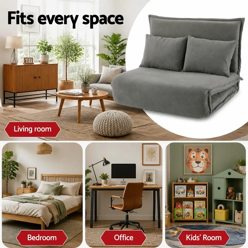 Floor Lounge Sofa Bed Adjustable 2-Seater Foldable Grey Arm Chair