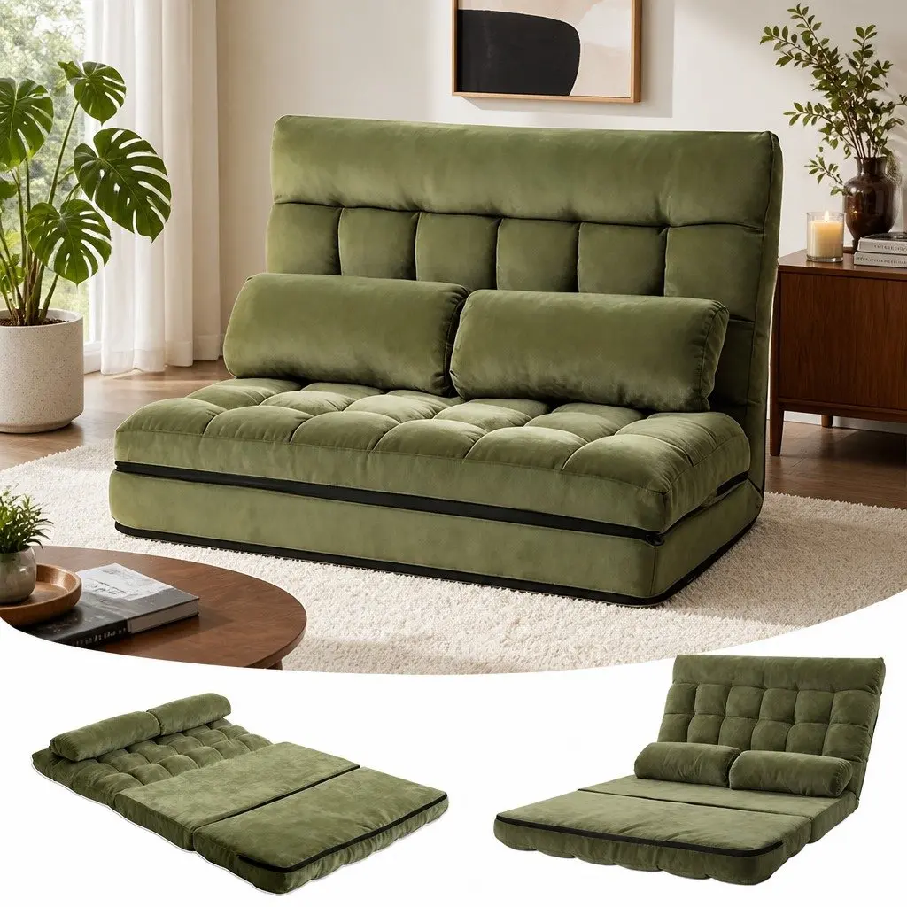 Floor Lounge Sofa Bed 2 Seater Green Adjustable Recliner Foldable Storage