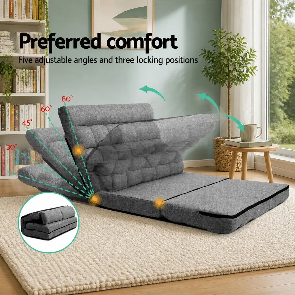 Floor Lounge Sofa Bed Adjustable Recliner Grey Faux Linen Fabric 2-Seater