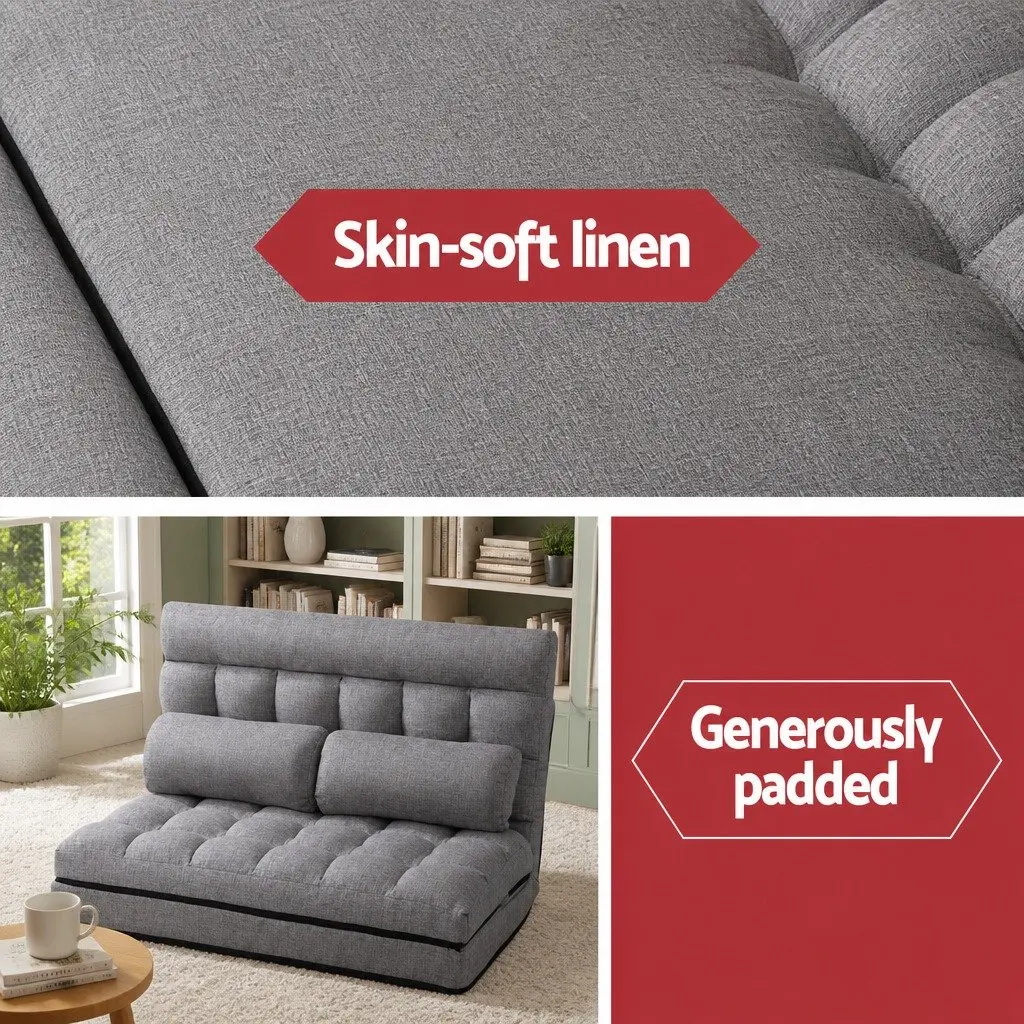 Floor Lounge Sofa Bed Adjustable Recliner Grey Faux Linen Fabric 2-Seater