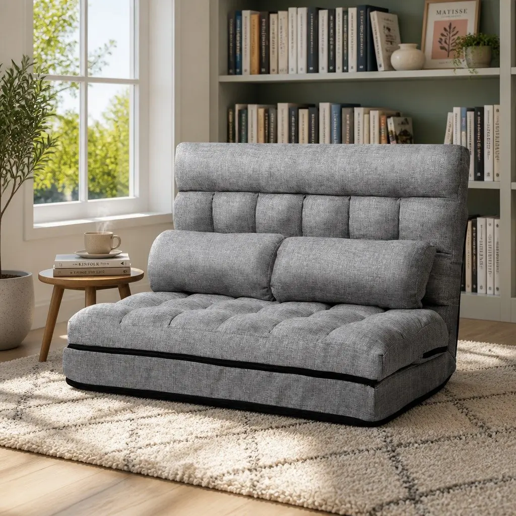 Floor Lounge Sofa Bed Adjustable Recliner Grey Faux Linen Fabric 2-Seater