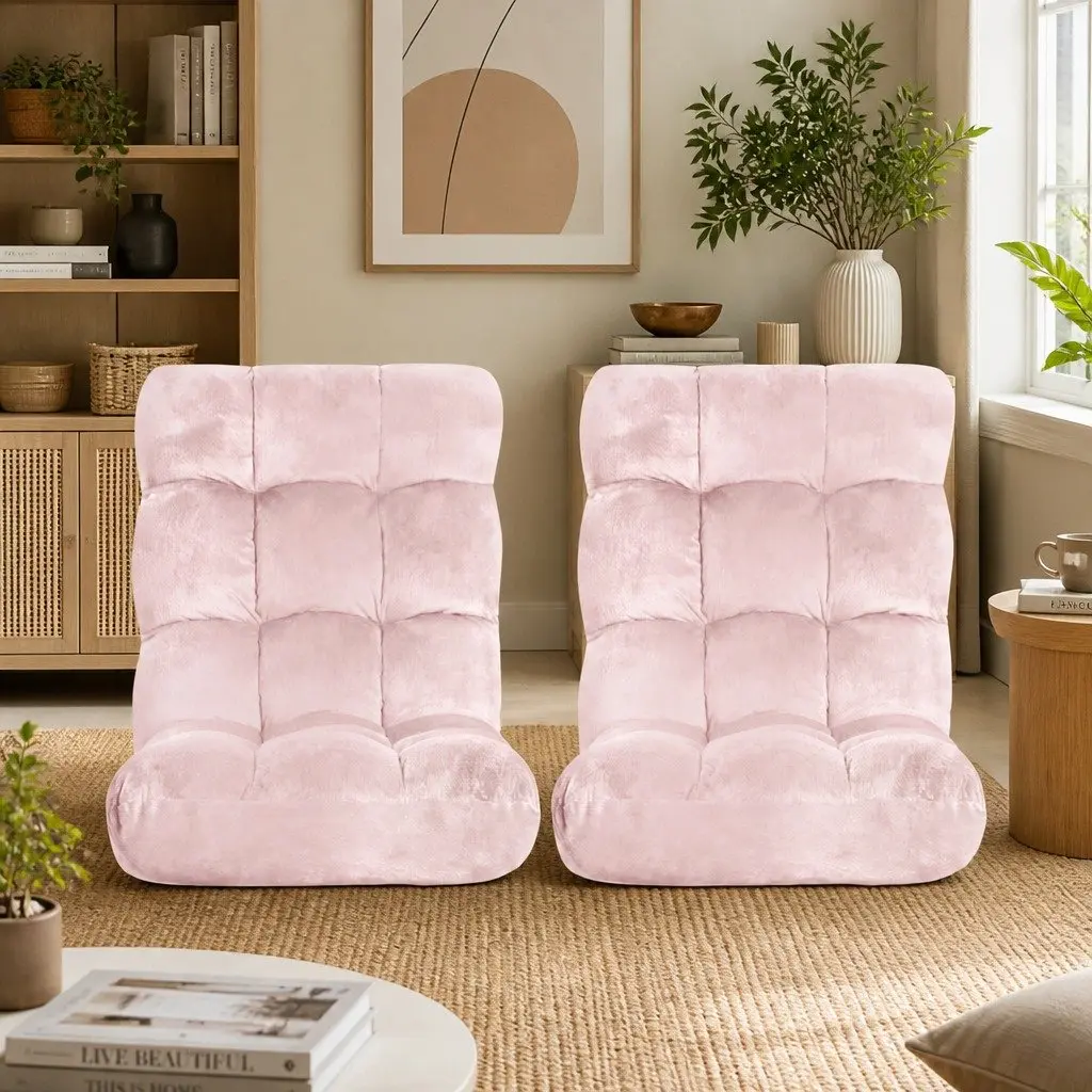 Floor Lounge Sofa Bed Chair 14-Position Adjustable Recliner 2 Piece Pink Flannel