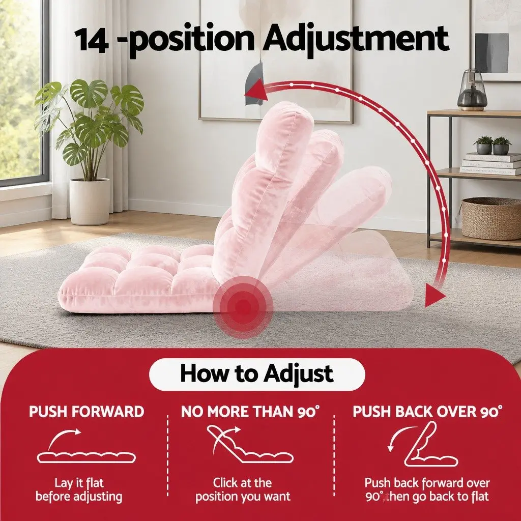 Floor Lounge Sofa Bed Chair 14-Position Adjustable Recliner 2 Piece Pink Flannel