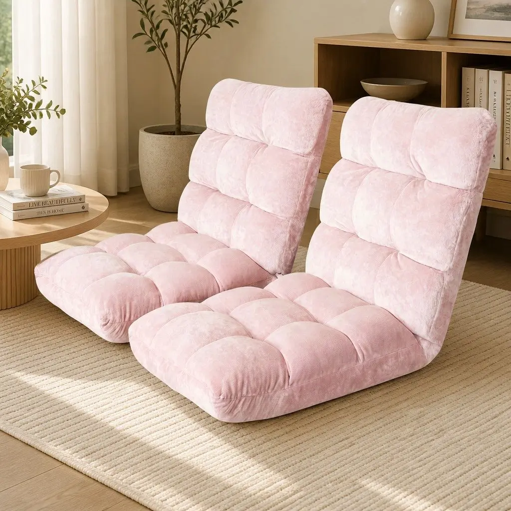 Floor Lounge Sofa Bed Chair 14-Position Adjustable Recliner 2 Piece Pink Flannel