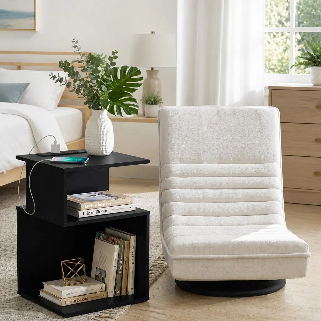 Swivel Floor Chair and Charging Station Bedside Table Bedroom Furniture Bundle