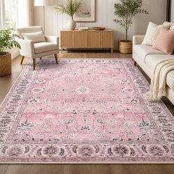 Comfortable Vintage Floral Rug 200x290cm Pink - Washable