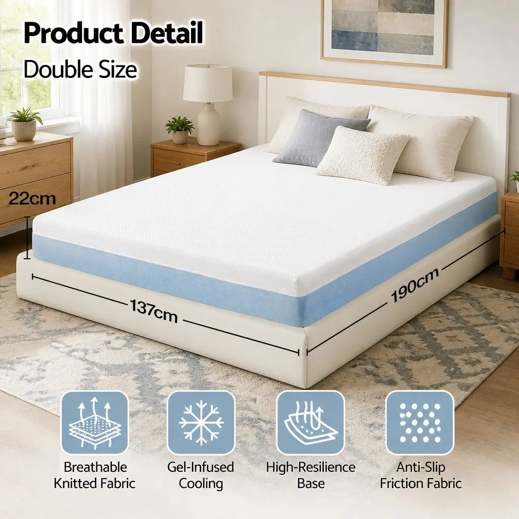 Memory Foam Mattress Cooling Gel Medium Firm Double 22cm White Blue