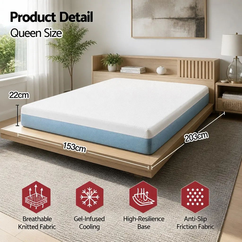 Memory Foam Mattress Queen Cooling Gel 22cm Medium Firm Support Topper White Blue