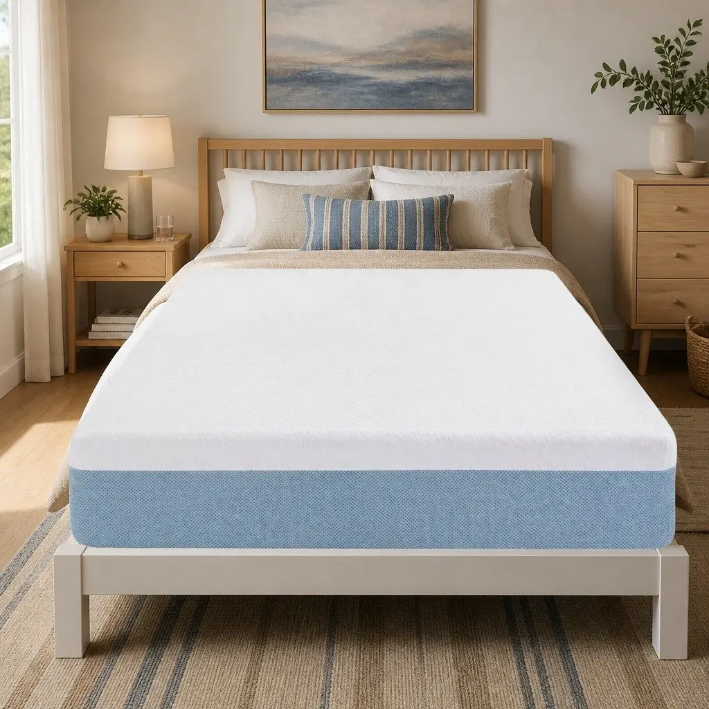 Memory Foam Mattress Single 22cm Cooling Gel Medium Firm Pressure Relief White and Blue