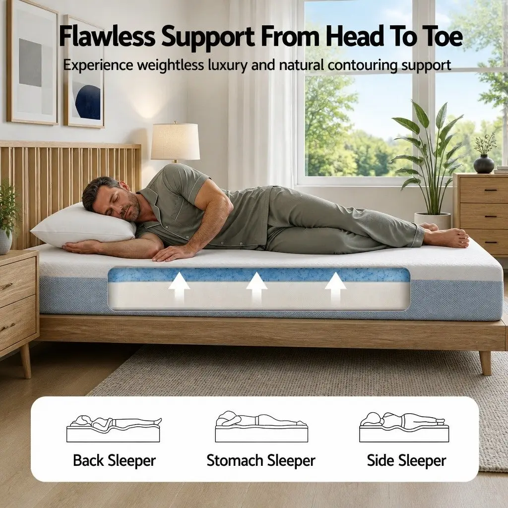Memory Foam Mattress Single 22cm Cooling Gel Medium Firm Pressure Relief White and Blue