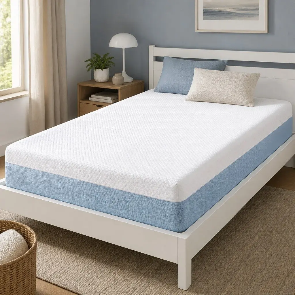 Memory Foam Mattress Single 22cm Cooling Gel Medium Firm Pressure Relief White and Blue