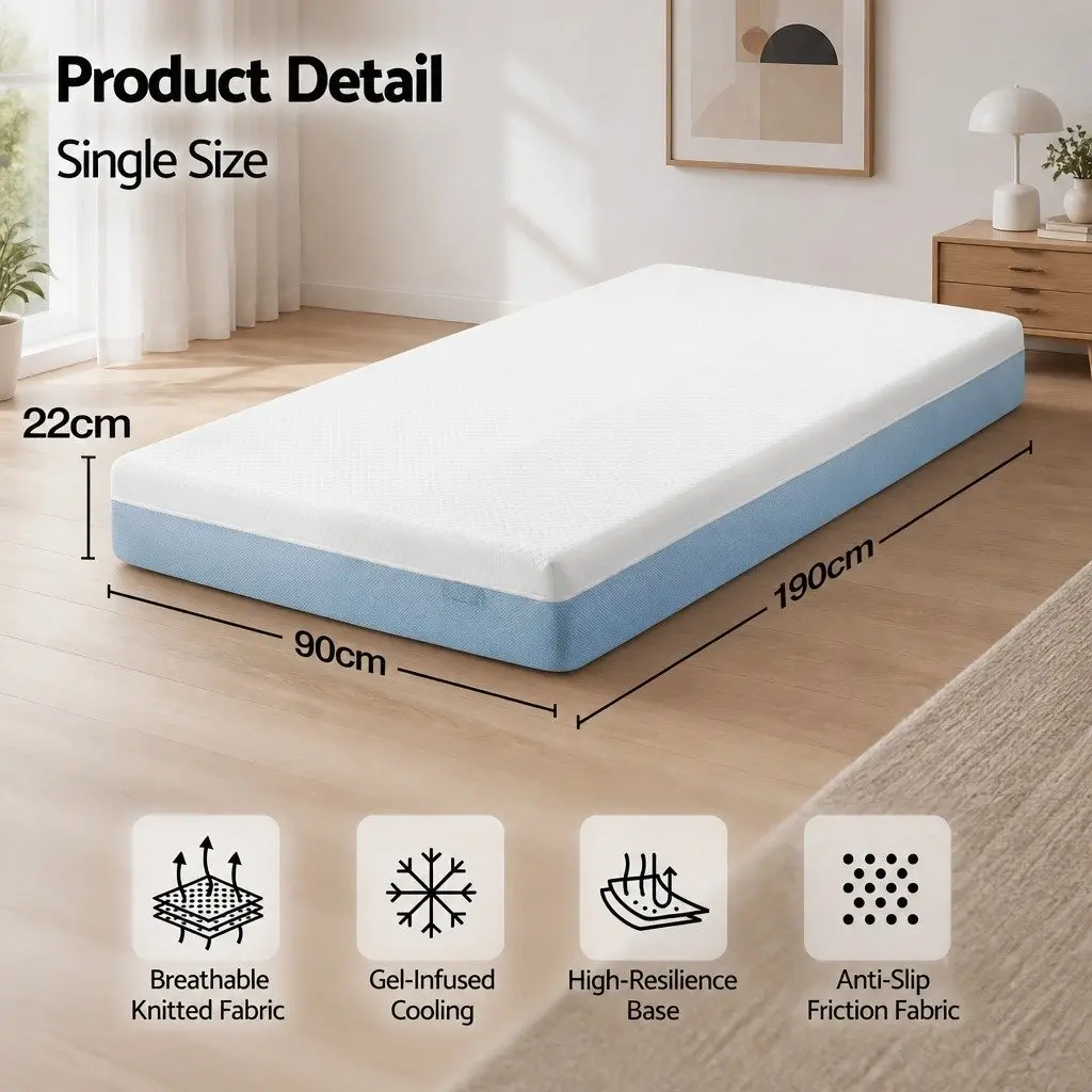 Memory Foam Mattress Single 22cm Cooling Gel Medium Firm Pressure Relief White and Blue