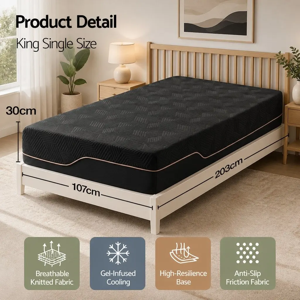 Cooling Memory Foam Mattress King Single 30cm Medium Firm Gel Black