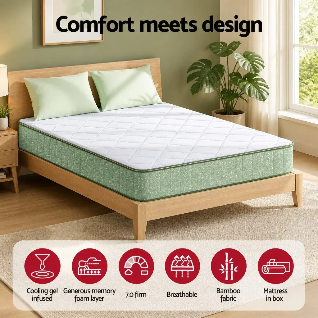 Queen Memory Foam Mattress Cooling Gel 25cm Dual Layer Bamboo Zipped Cover Green White