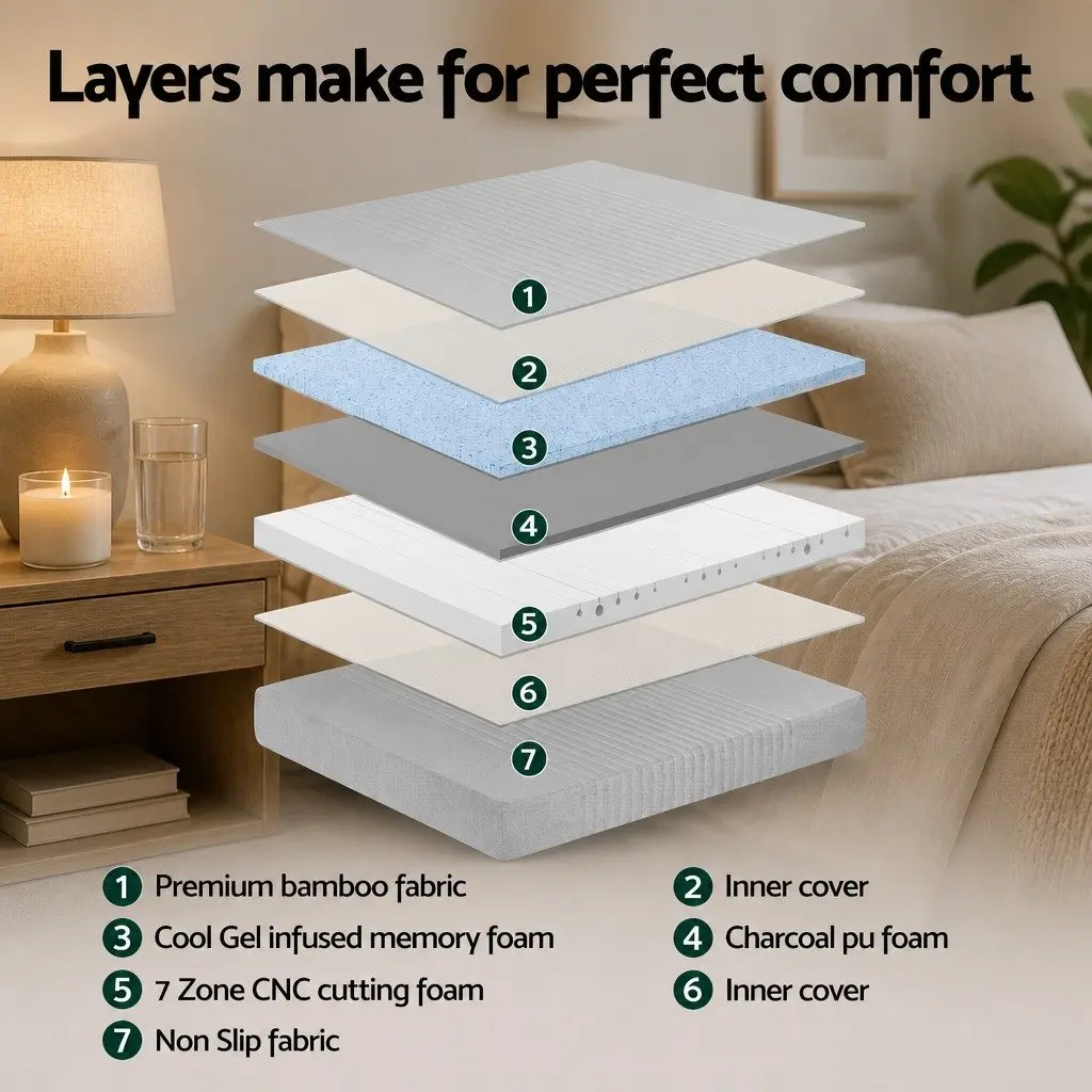 Cool Gel Memory Foam Mattress 7-Zone Charcoal Washable Bamboo Cover Double 15cm