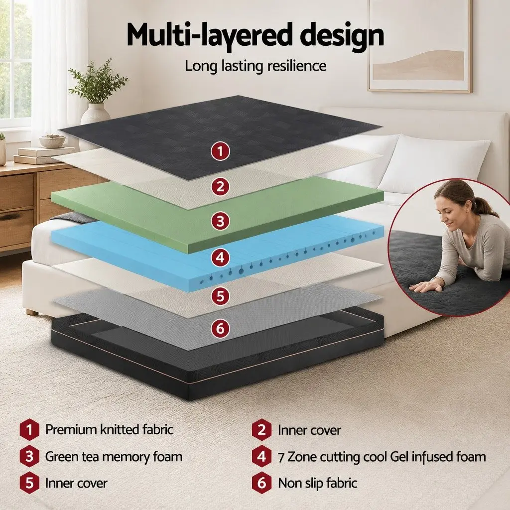 King Size Mattress Memory Foam 18cm Black Cooling Gel Green Tea Foam Support