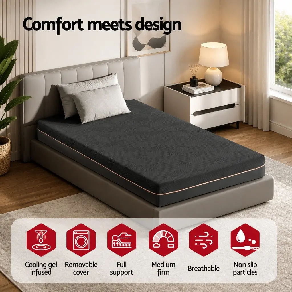 King Single Mattress Memory Foam 18cm Cooling Gel Green Tea Foam Medium Firm Black