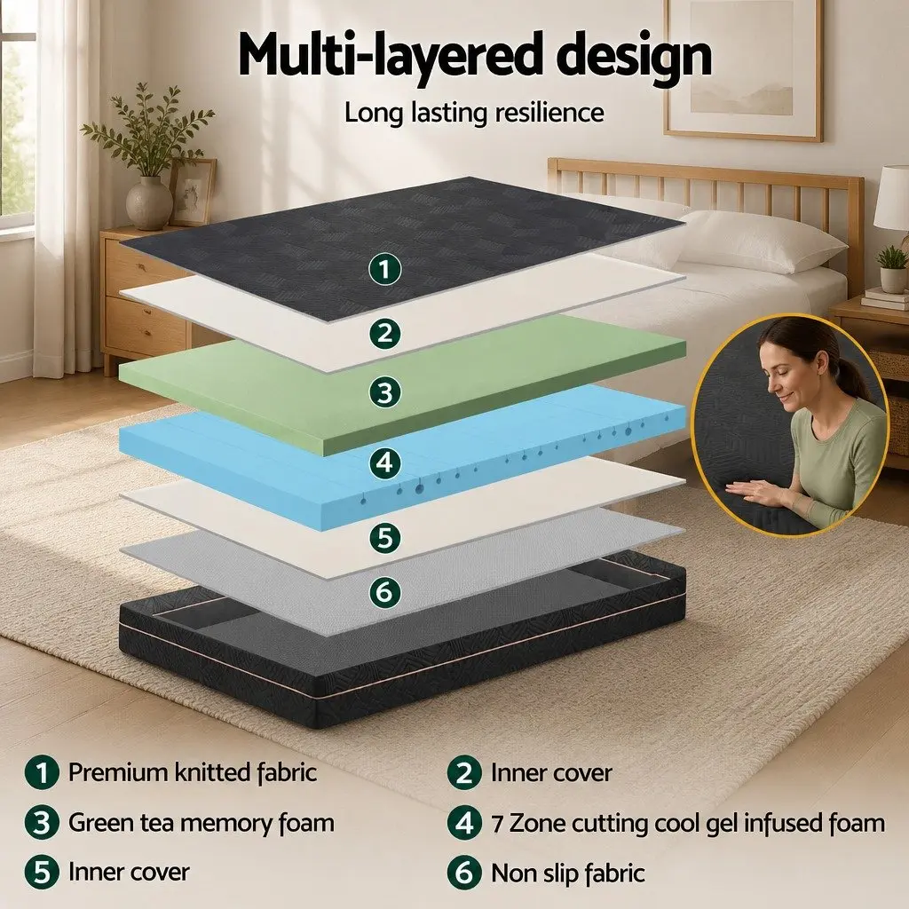 King Single Mattress Memory Foam 18cm Cooling Gel Green Tea Foam Medium Firm Black