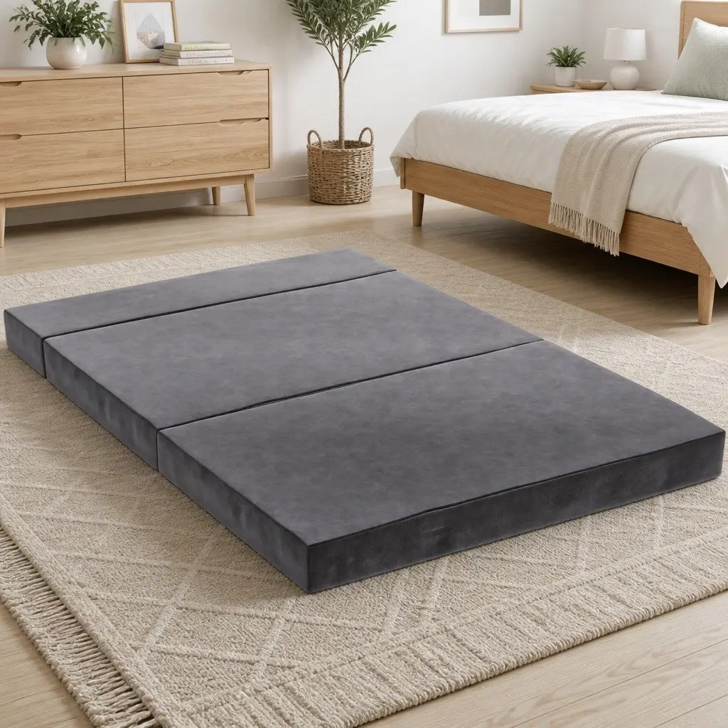 Foldable Foam Mattress Double Bed Sofa Grey Velvet 180 x 122 cm