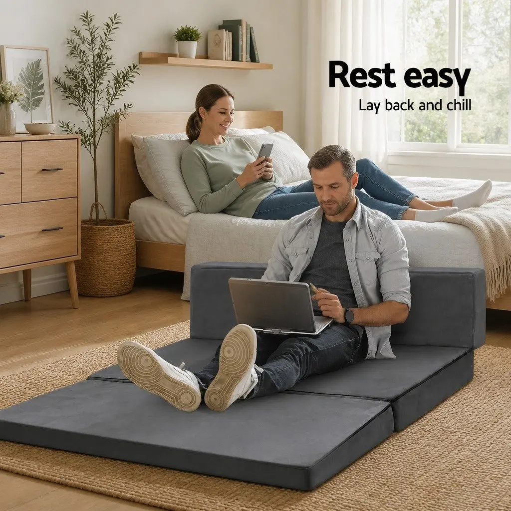 Foldable Foam Mattress Double Bed Sofa Grey Velvet 180 x 122 cm