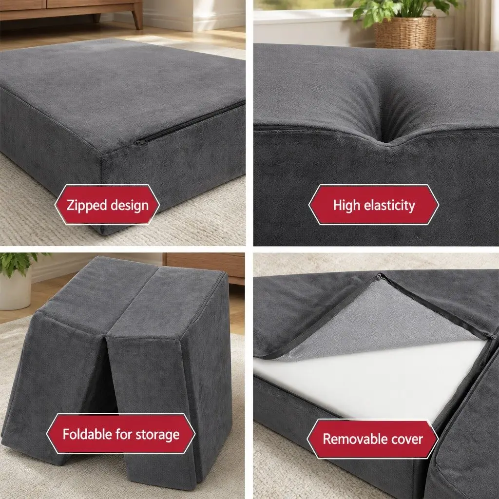 Foldable Foam Mattress Double Bed Sofa Grey Velvet 180 x 122 cm
